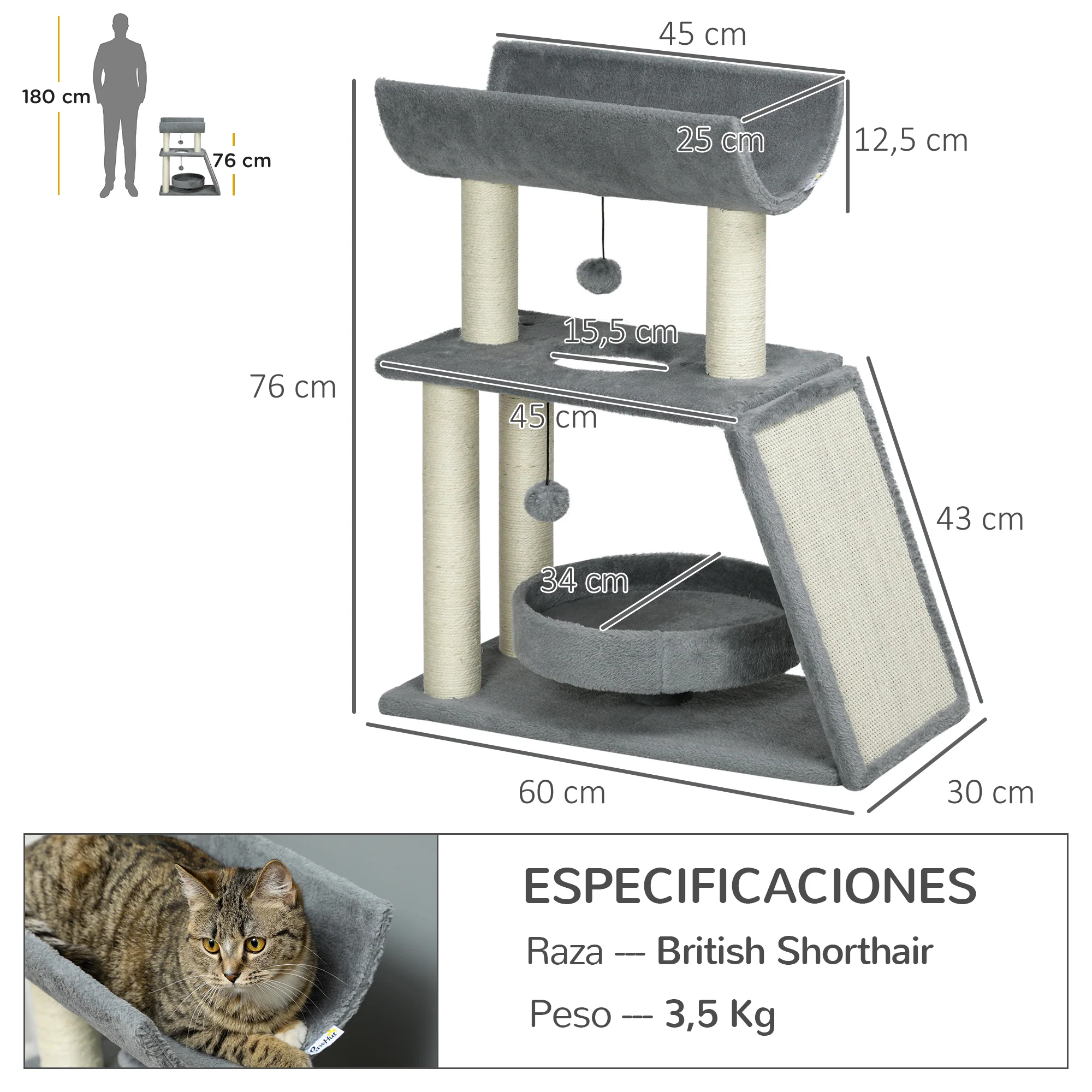 Pawhut Rascador Para Gatos Altura 76 Cm Con Plataforma En U Gris Claro - Image 3