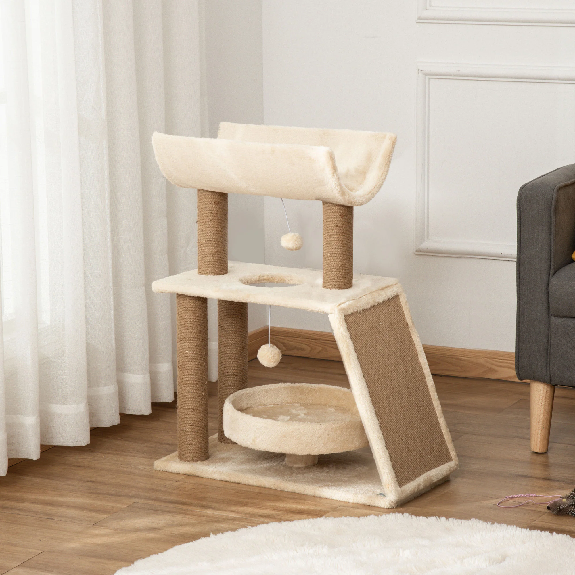Pawhut Rascador Para Gatos Altura 76 Cm Con Plataforma En U Marrón Claro - Image 2