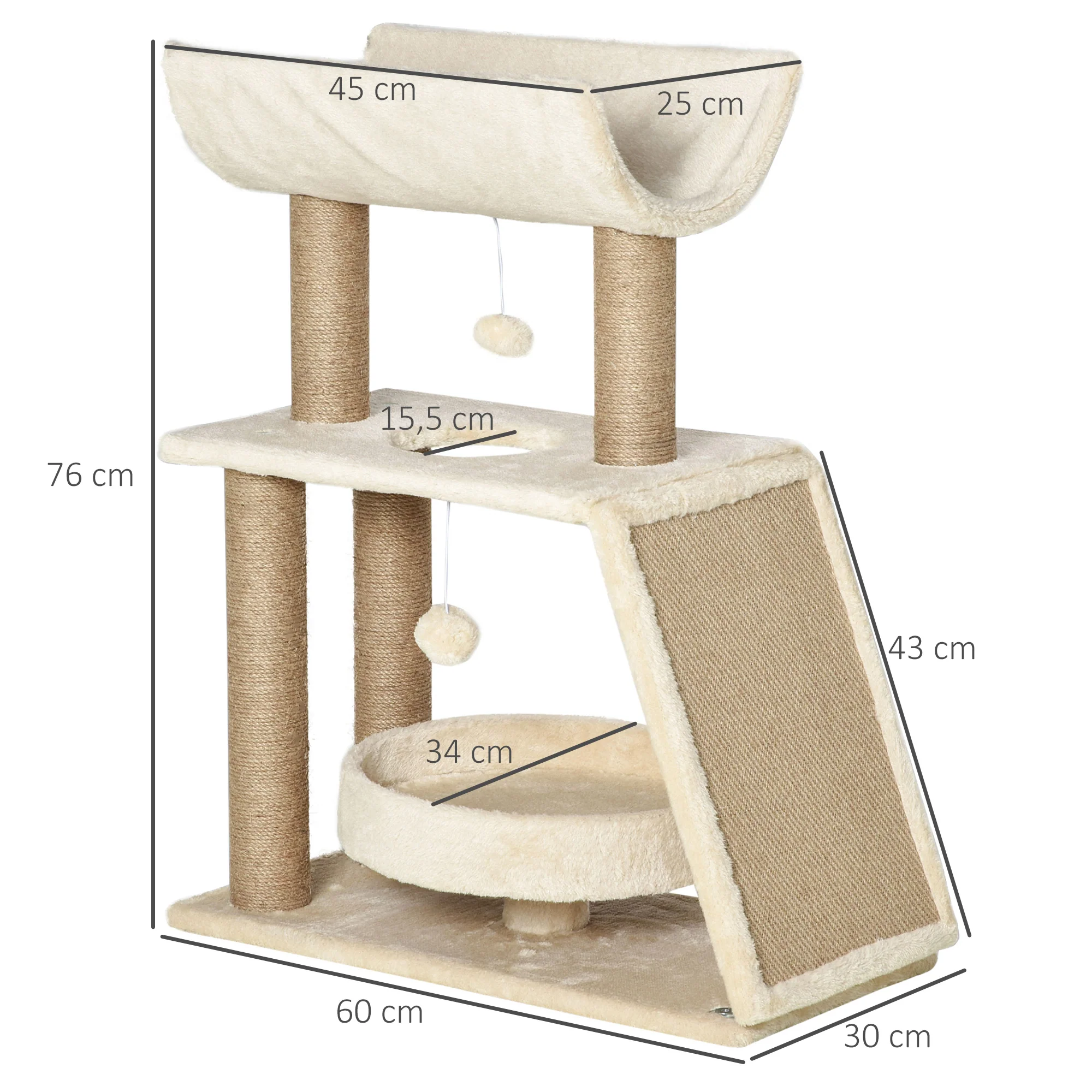 Pawhut Rascador Para Gatos Altura 76 Cm Con Plataforma En U Marrón Claro - Image 3