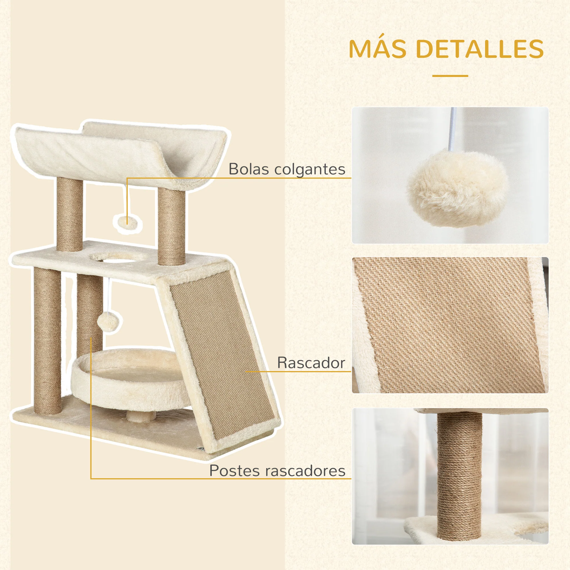 Pawhut Rascador Para Gatos Altura 76 Cm Con Plataforma En U Marrón Claro - Image 6