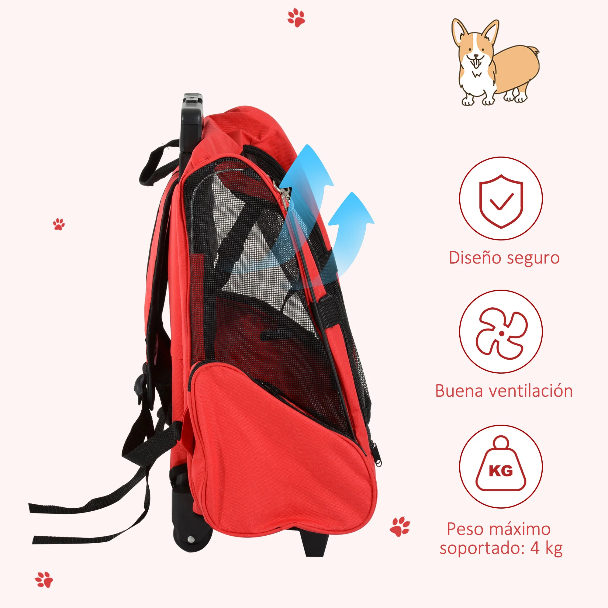 Pawhut Transportín 2 En 1 Para Mascotas Carrito Mochila Ruedas 42x25x55 Cm Rojo - Image 6