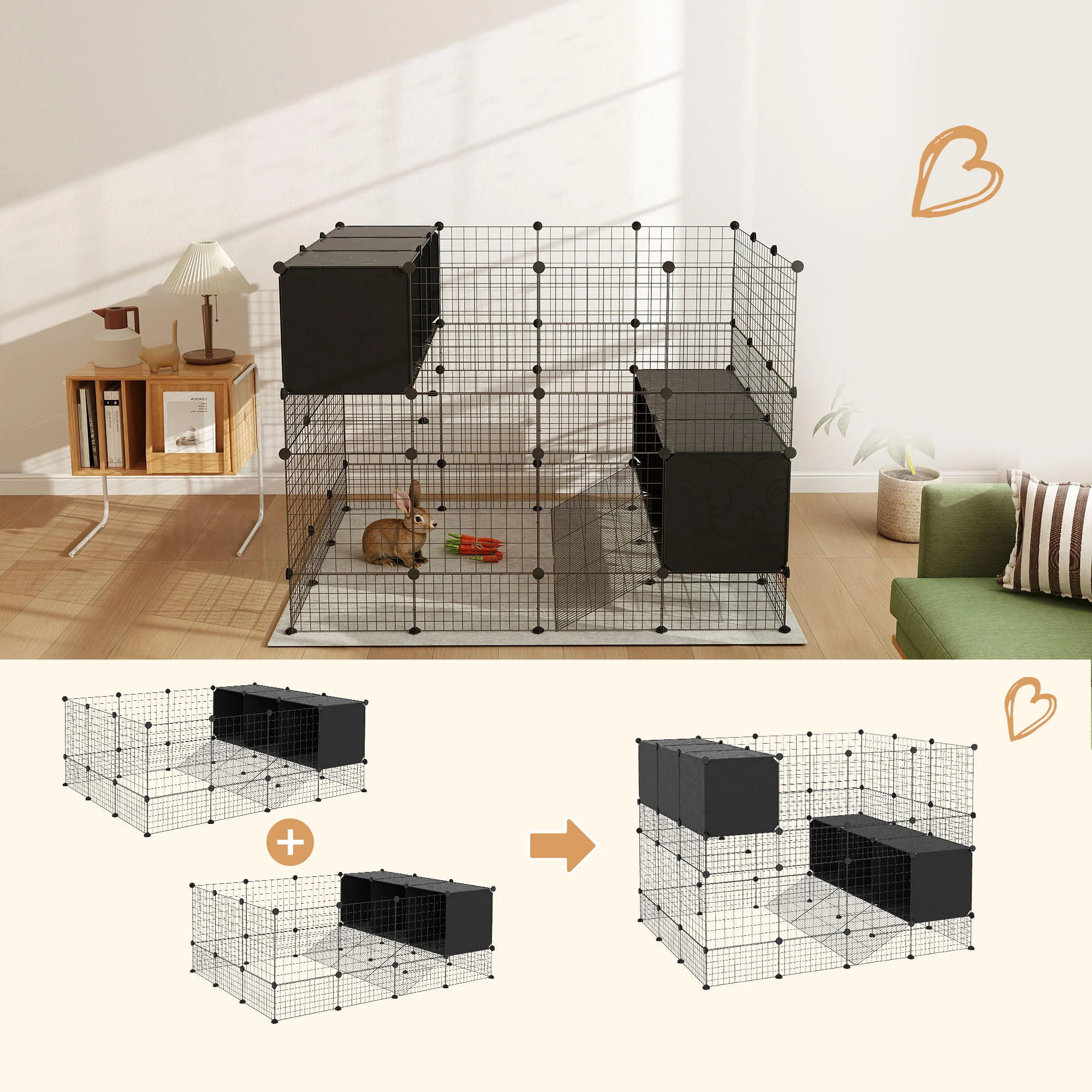 Pawhut Valla Para Mascotas De Bricolaje Con 3 Nidos Recinto Para Conejos Negro - Image 4