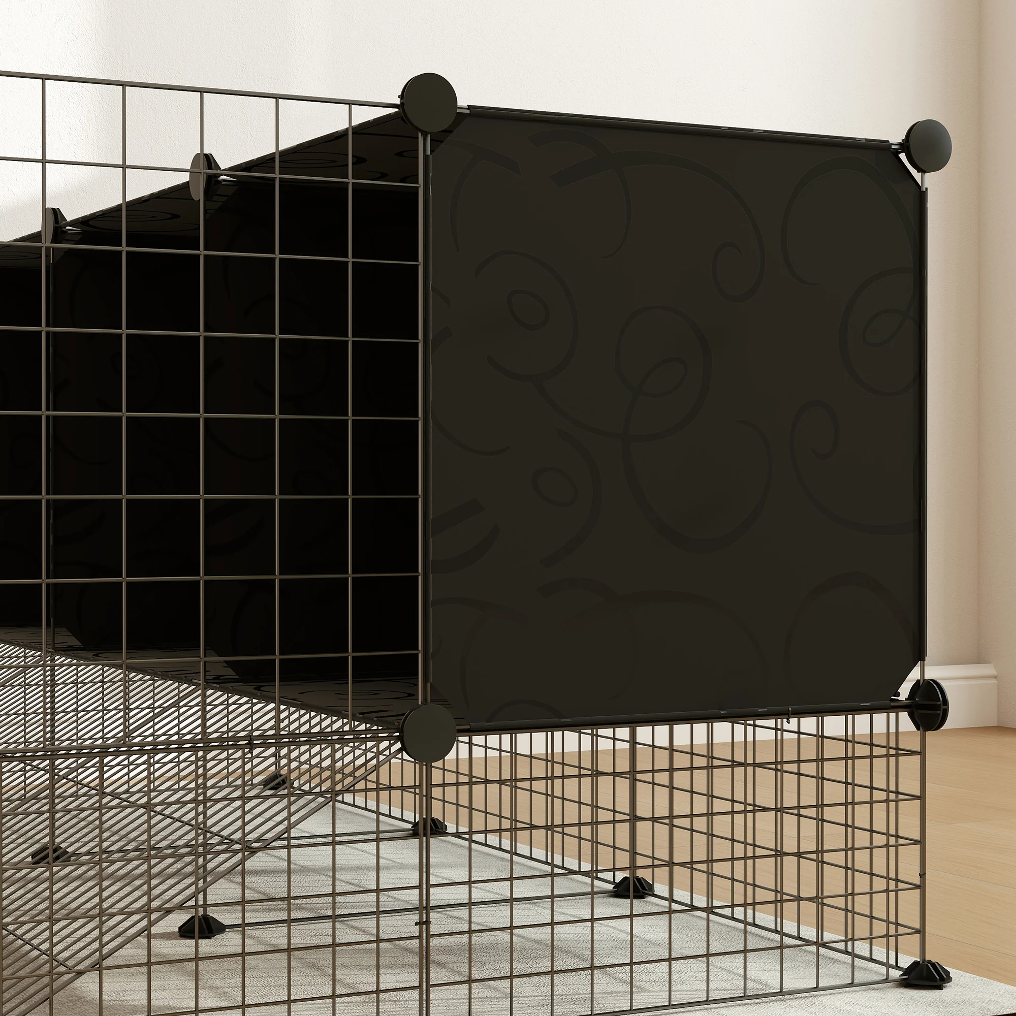 Pawhut Valla Para Mascotas De Bricolaje Con 3 Nidos Recinto Para Conejos Negro - Image 5
