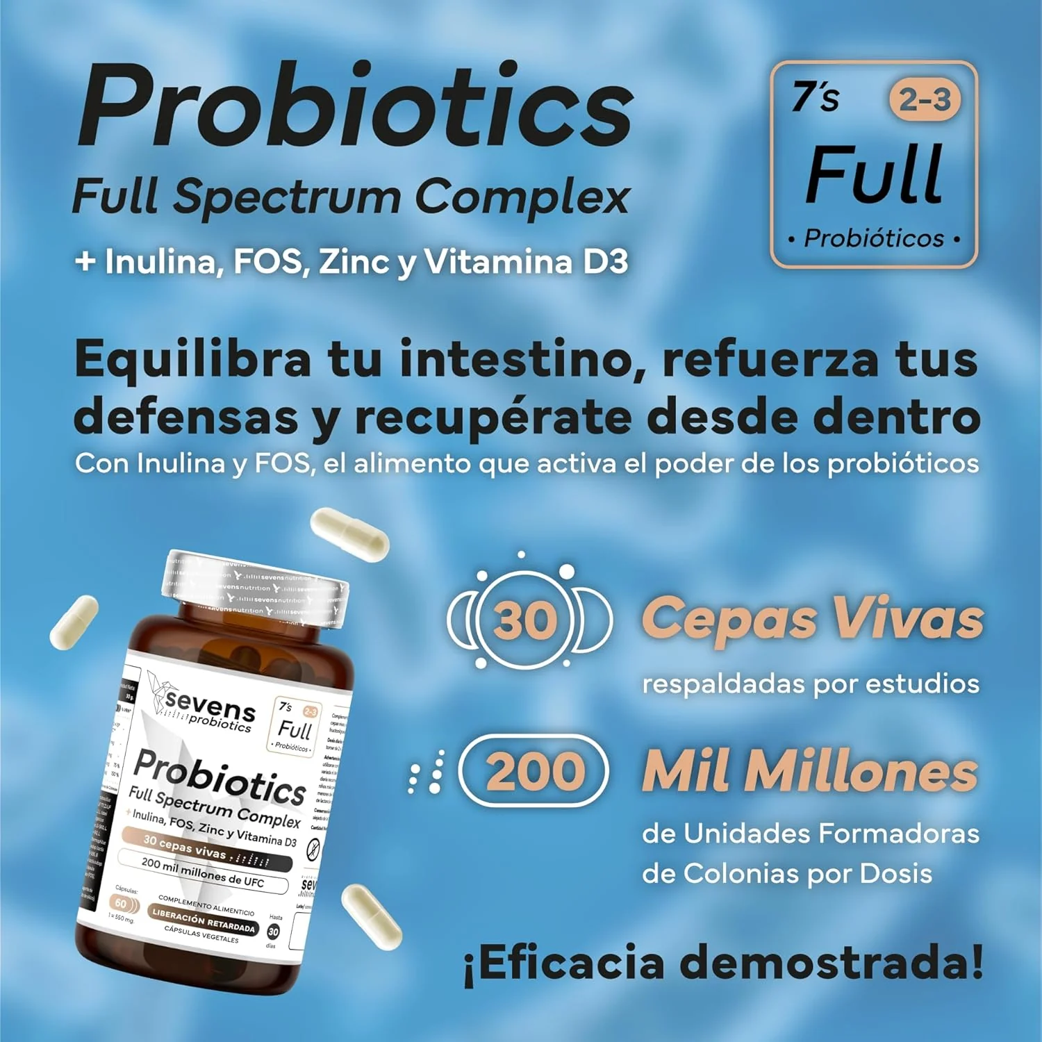 Probiótico Full Spectrum Complex con Inulina FOS Zinc y Vitamina D3 Sevens Nutrition 60 cápsulas - Image 2