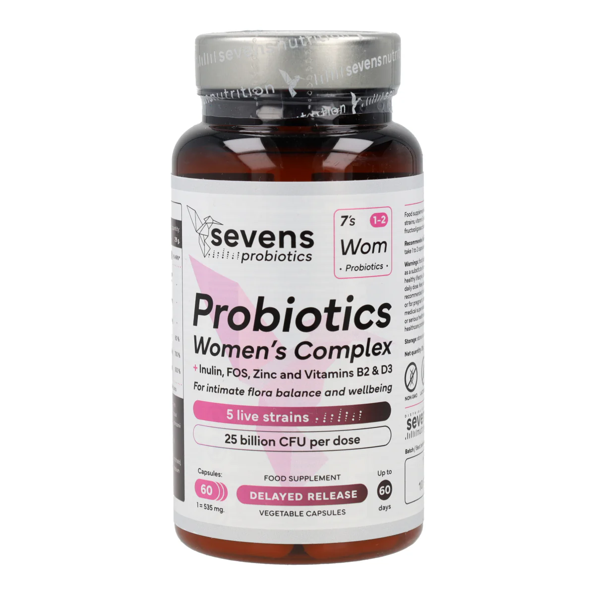 Probióticos Flora Íntima Mujer con Inulina FOS Zinc y Vitaminas B2 y D3 Sevens Nutrition 60 cápsulas - Image 4