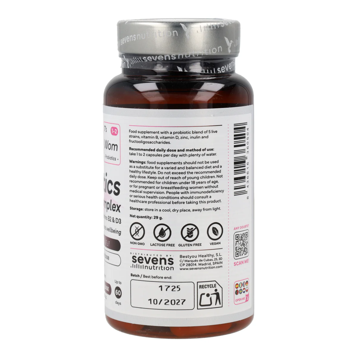 Probióticos Flora Íntima Mujer con Inulina FOS Zinc y Vitaminas B2 y D3 Sevens Nutrition 60 cápsulas - Image 5