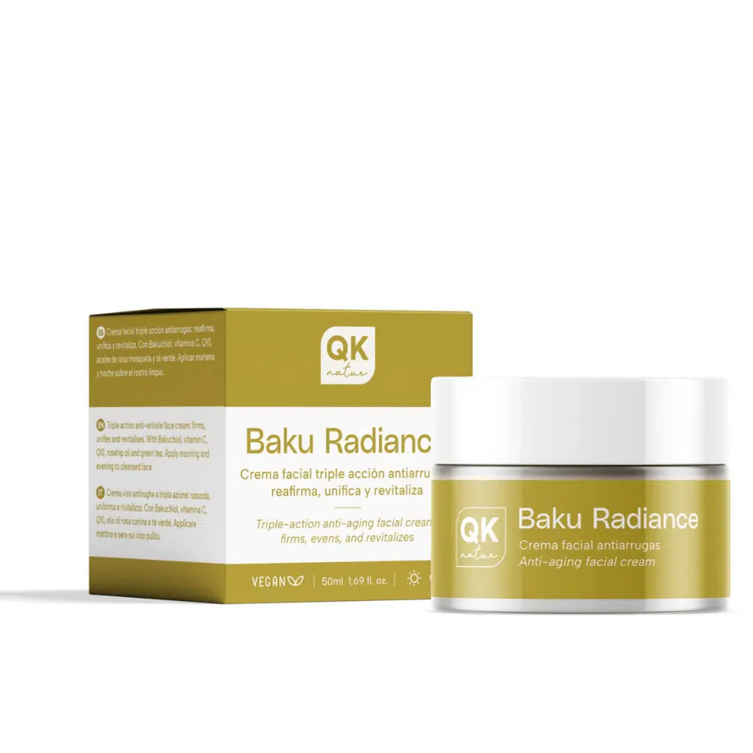 QKnatur - Baku Radiance Crema Facial Antiarrugas Con Bakuchiol, Vit C Y Q10 – Reafirma, Unifica Y Revitaliza – 50 Ml