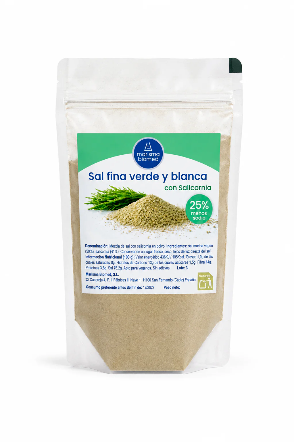 Sal Fina Verde Y Blanca | Salicornia Y Sal Marina Virgen Bio | 25% Menos Sodio 50 g