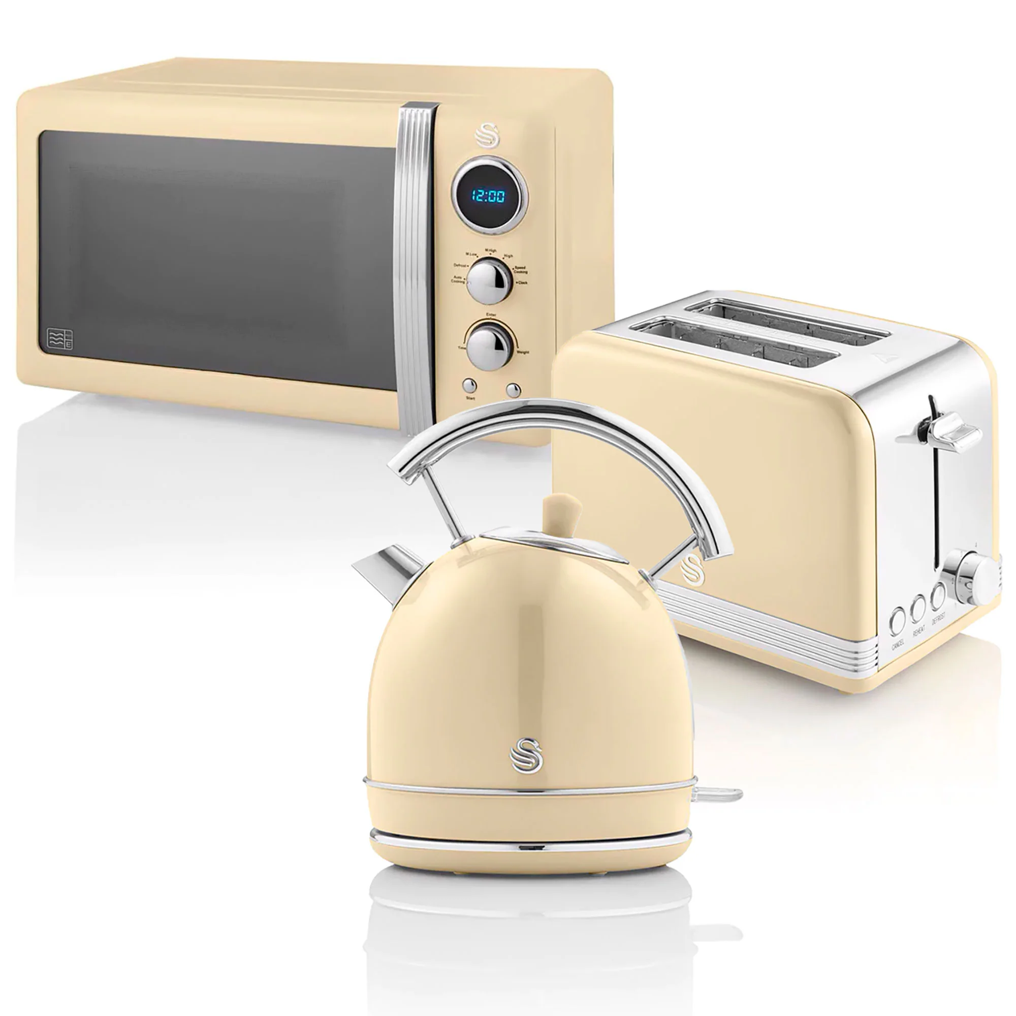 Swan Retro Set Desayuno Hervidor Agua 1,8l, Tostadora 2 Rebanadas, Microondas Digital 20l, Vintage, Strp2070cneu, Crema