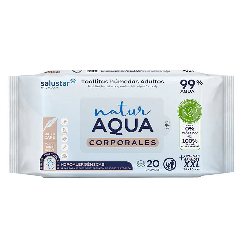 Toallitas de Higiene Corporal Adultos Aqua 99% agua Salustar 20 uds (XXL 38 x 20 cm)