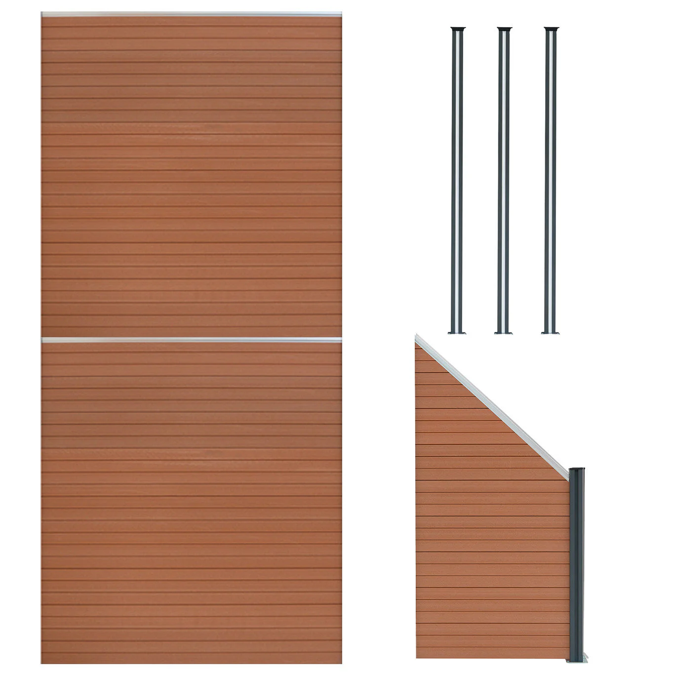 Vallas Para Exteriores De Wpc Y Aluminio - 2x Paneles Cuadrados + 1x Oblicuo + 3x Postes Con Led | Marrón