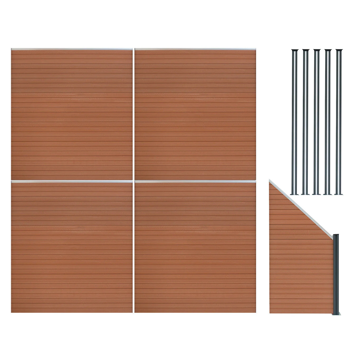 Vallas Para Exteriores De Wpc Y Aluminio - 4x Paneles Cuadrados + 1x Oblicuo + 5x Postes Con Led | Marrón