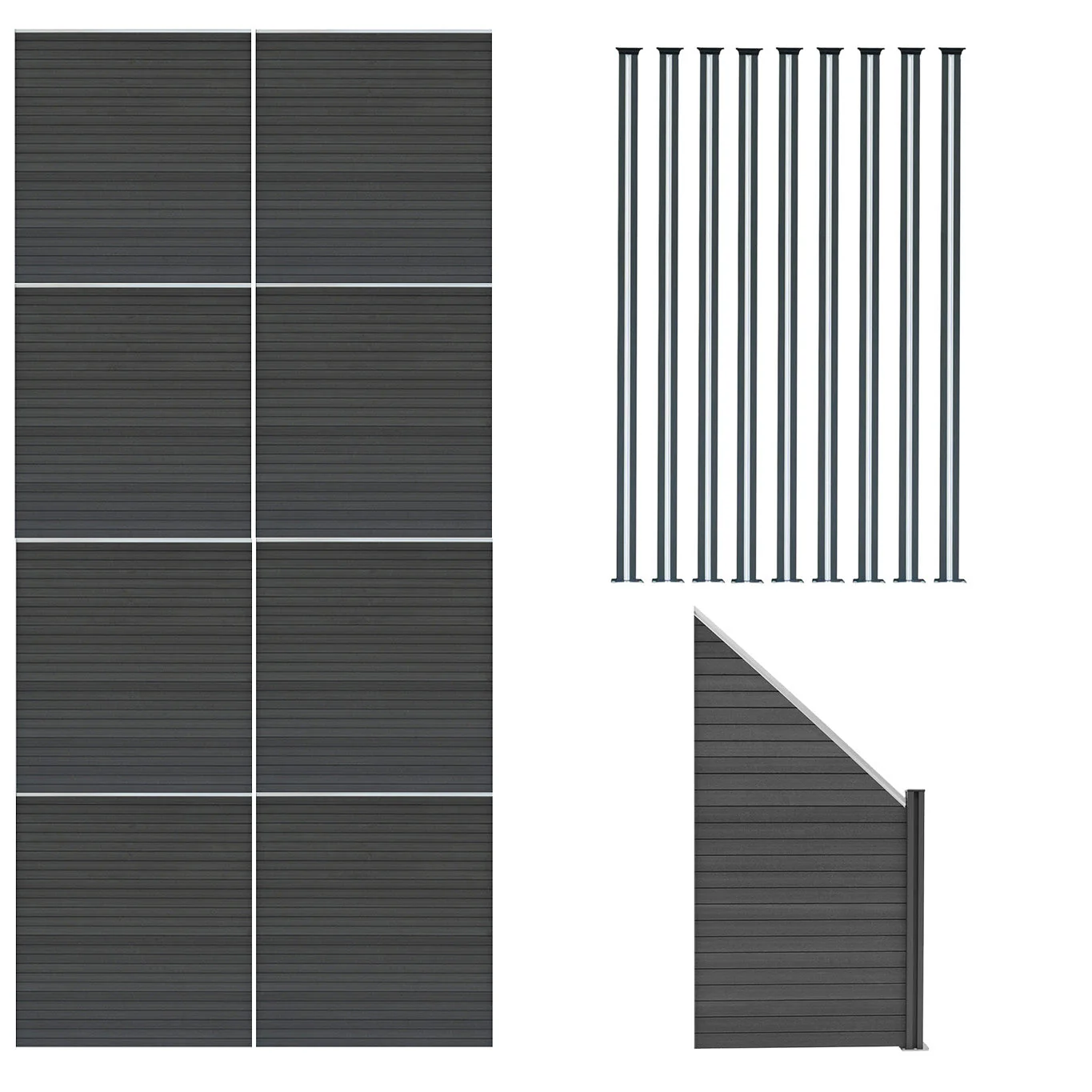 Vallas Para Exteriores De Wpc Y Aluminio - 8x Paneles Cuadrados + 1x Oblicuo + 9x Postes Con Led | Gris