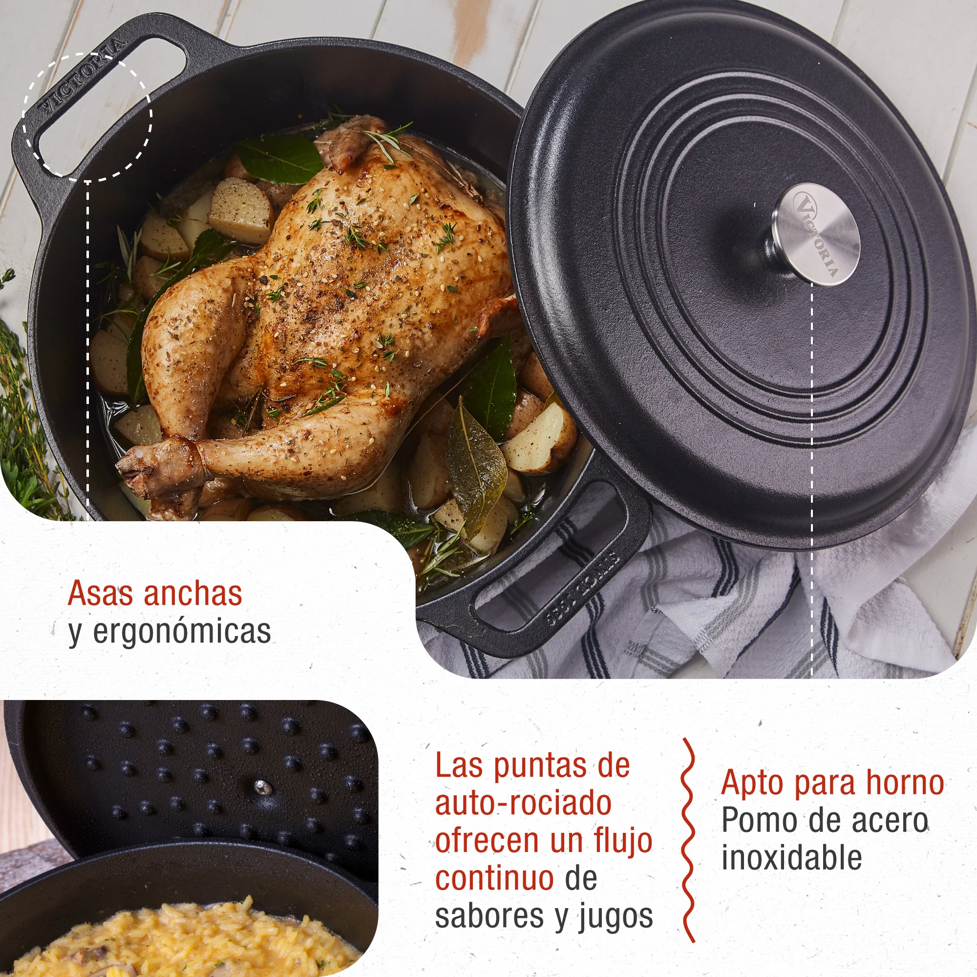 Victoria Horno Holandés Olla Inducción Hierro Fundido Curado 27cm, Cocotte 5,7l, Sin Ptfe Ni Pfoa, 33811, Negro - Image 3