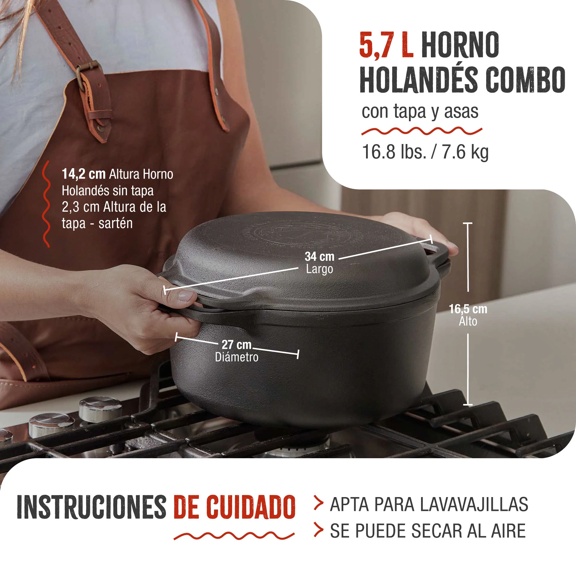 Victoria Horno Holandés Olla Inducción Hierro Fundido Esmaltado 27cm, Tapa - Sartén, 5,7l, Sin Ptfe, 39585, Negro - Image 5
