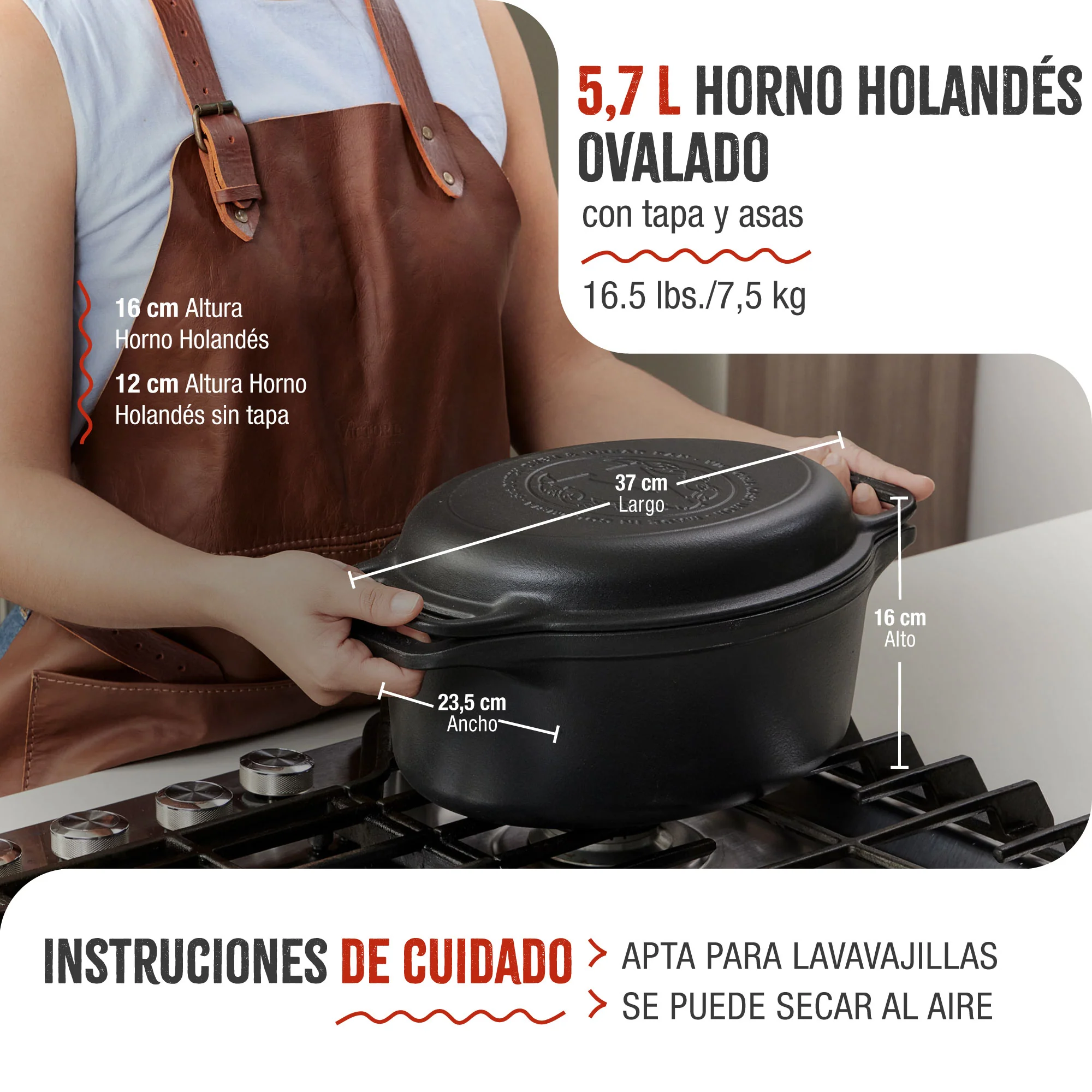 Victoria Horno Holandés Olla Inducción Hierro Fundido Esmaltado 31cm, Tapa - Sartén, 5,7l, Sin Ptfe, 38717, Negro - Image 5