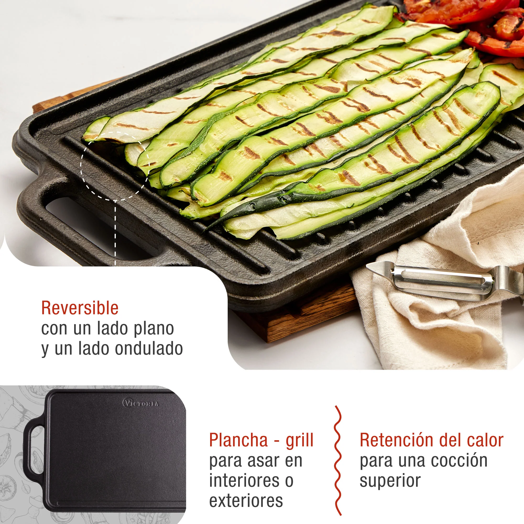 Victoria Plancha Cocina Hierro Fundido Esmaltado, Parrilla Reversible 33x21cm, Sin Pfoa, Fuego Barbacoa Sin Ptfe, 38793 - Image 3