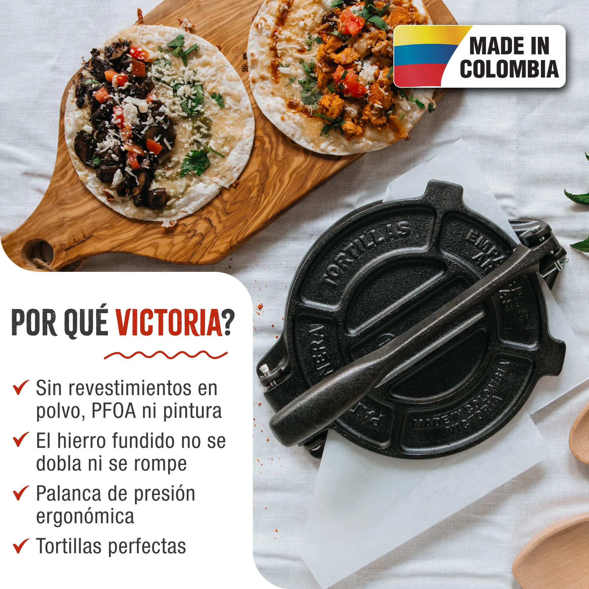 Victoria Prensa Tortillera Para Tortillas Mexicanas Hierro Fundido Curado 20cm, Pataconera Colombiana, 36997, Negro - Image 2