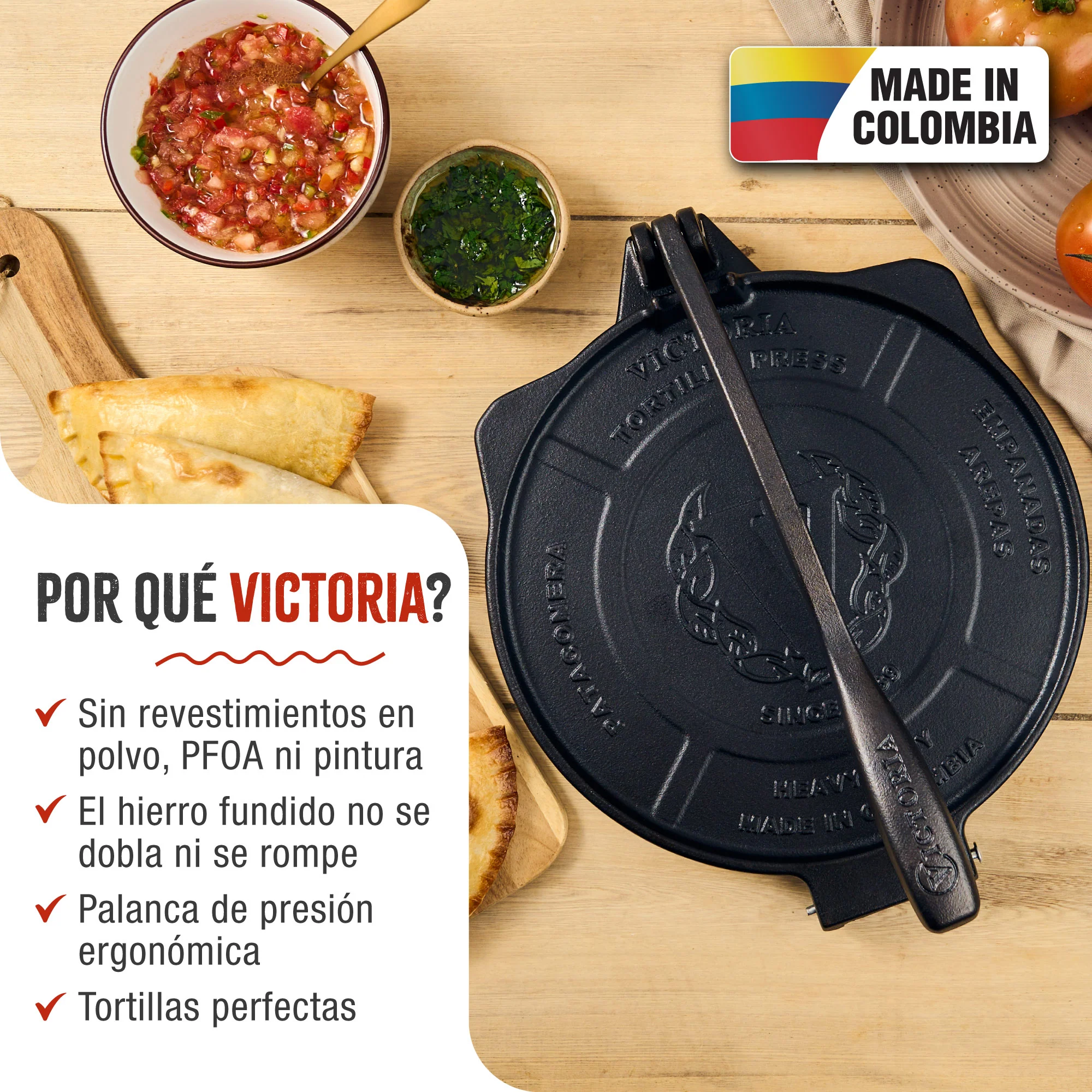 Victoria Prensa Tortillera Para Tortillas Mexicanas Hierro Fundido Hd Curado 20cm, Pataconera Colombiana, 34214, Negro - Image 2