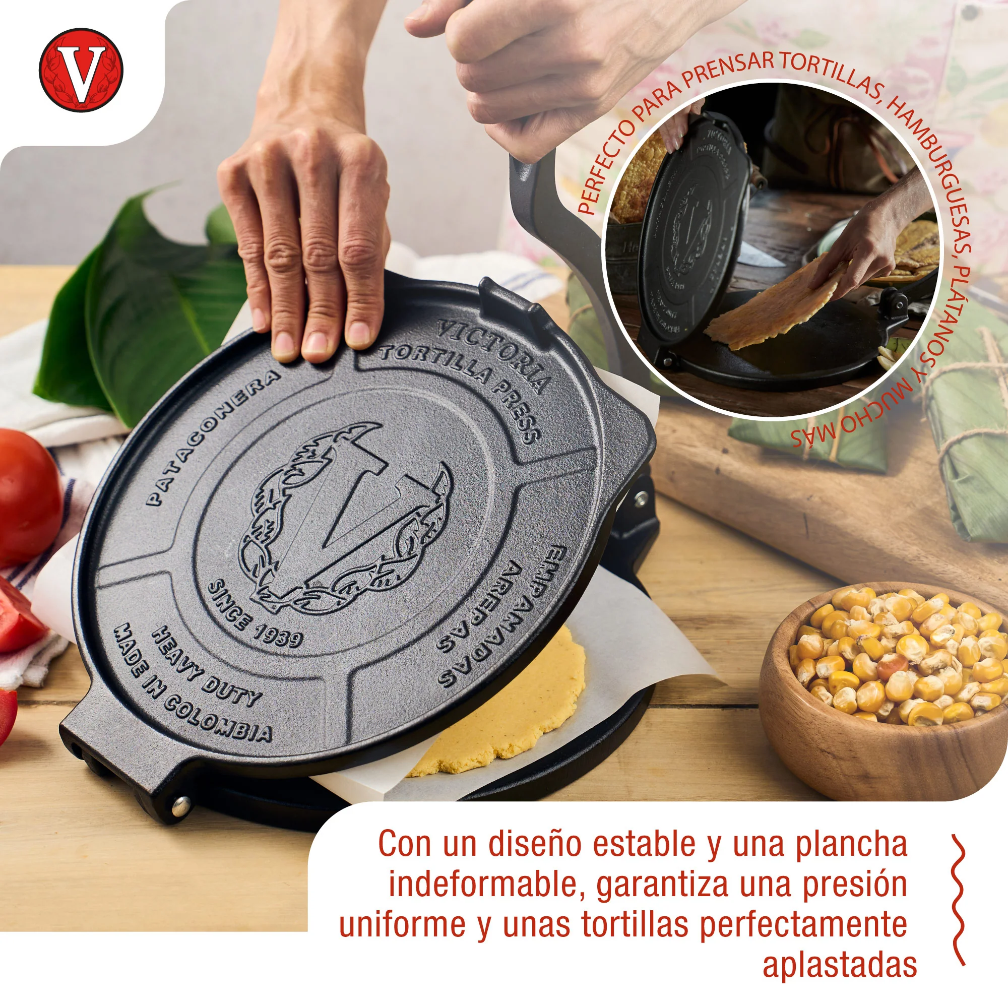 Victoria Prensa Tortillera Para Tortillas Mexicanas Hierro Fundido Hd Curado 25cm, Pataconera Colombiana, 39318, Negro - Image 3