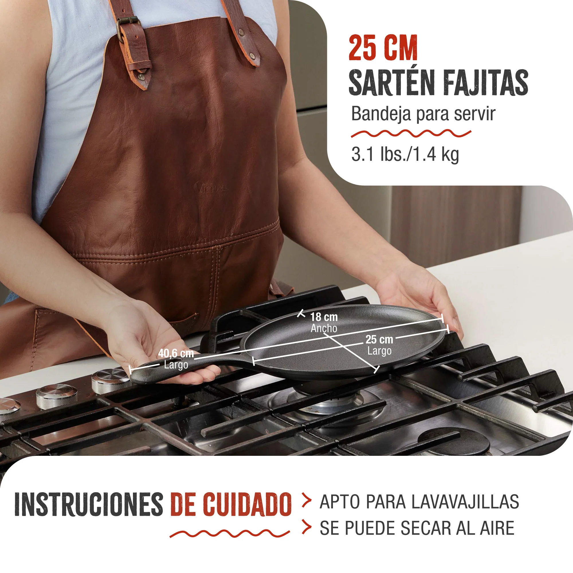 Victoria Sartén Fajita Hierro Fundido Esmaltado Inducción 25cm, Apta Fuego, Barbacoa Cast Iron Skillet, 32036, Negro - Image 5