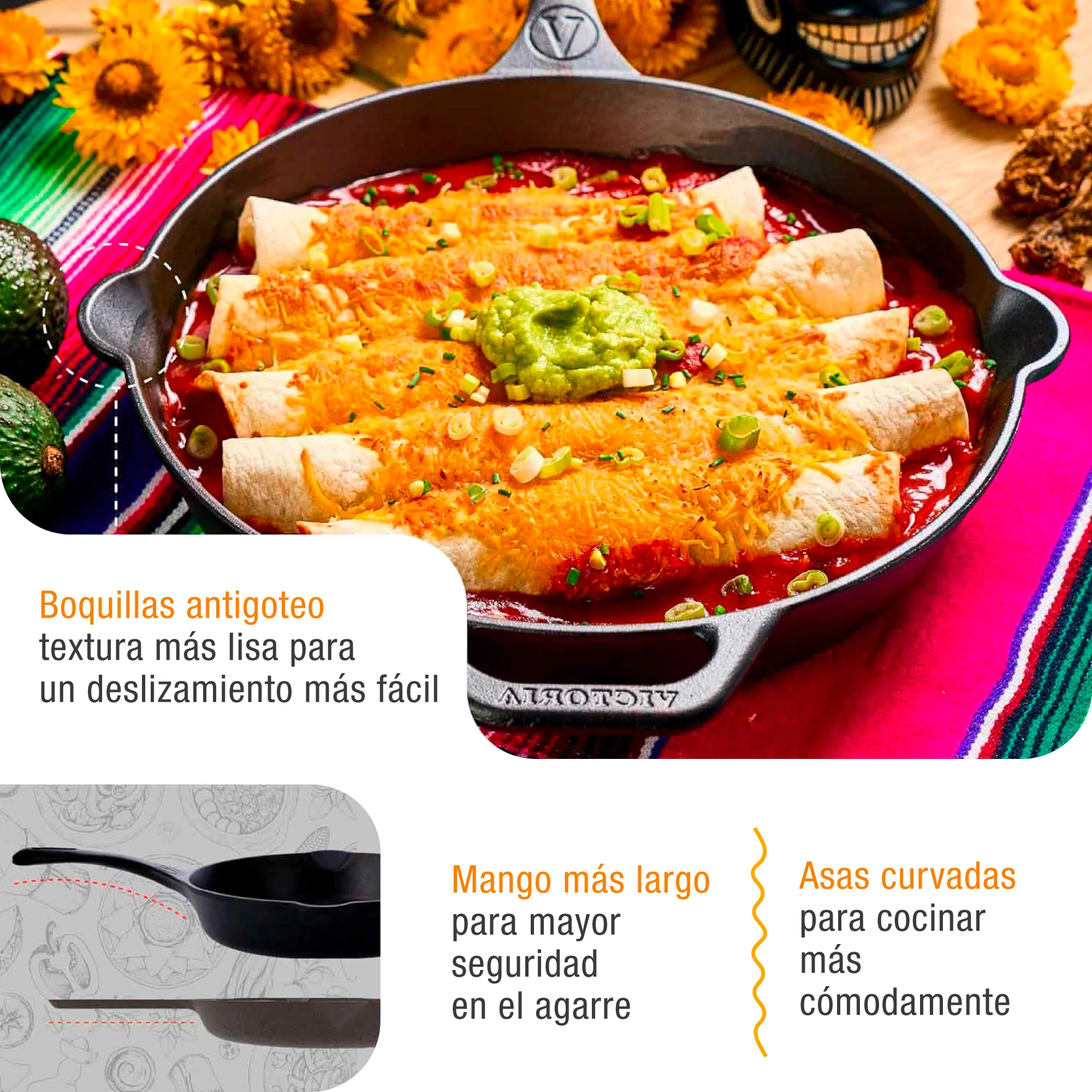 Victoria Sartén Hierro Fundido Curado Diseño Catrina Inducción 25cm Apta Fuego, Horno Cast Iron Skillet, Catrina, Negro - Image 4