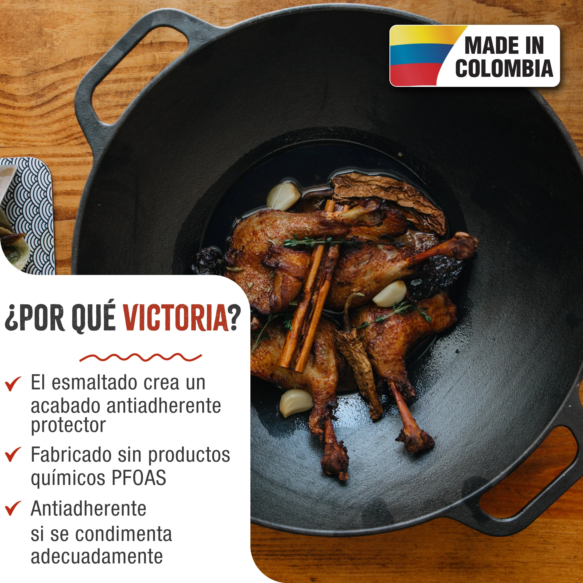 Victoria Wok Hierro Fundido Esmaltado Inducción 35,5cm, Apta Fuego, Barbacoa, Horno Cast Iron Skillet, 30926, Negro - Image 2