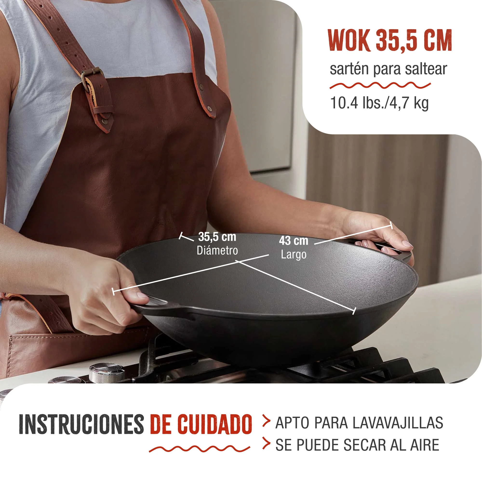 Victoria Wok Hierro Fundido Esmaltado Inducción 35,5cm, Apta Fuego, Barbacoa, Horno Cast Iron Skillet, 30926, Negro - Image 5