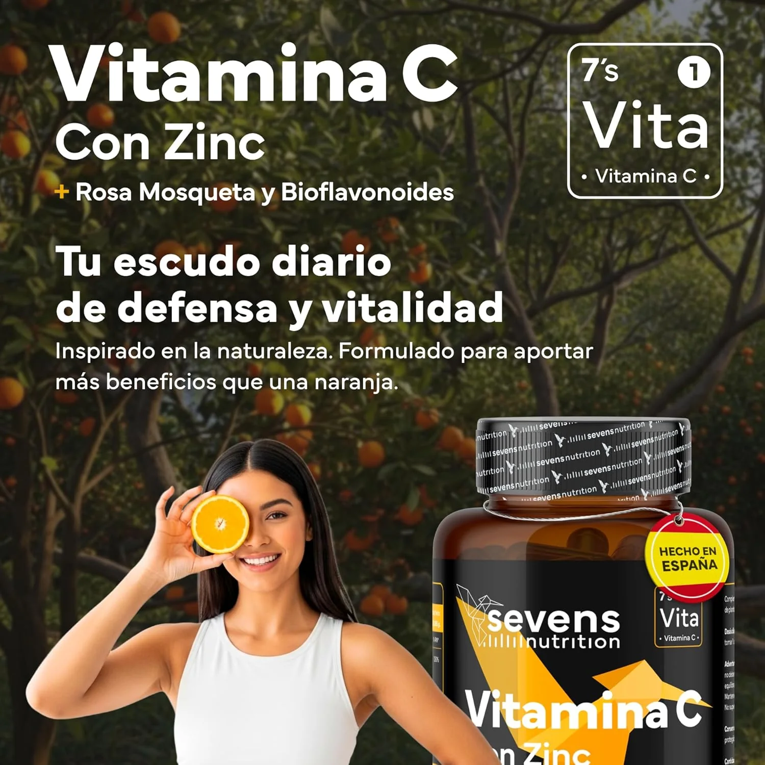 Vitamina C con Zinc Bioflavonoides y Rosa Mosqueta Sevens Nutrition 180 cápsulas - Image 2