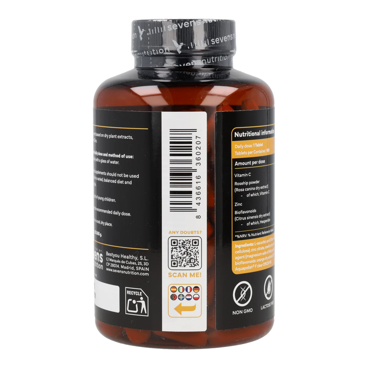 Vitamina C con Zinc Bioflavonoides y Rosa Mosqueta Sevens Nutrition 180 cápsulas - Image 8